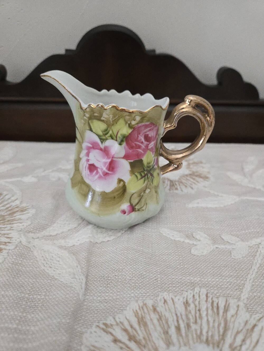 Vintage Lefton Rose Porcelain Hand Painted Creamer Japan 3066 Gold Handle